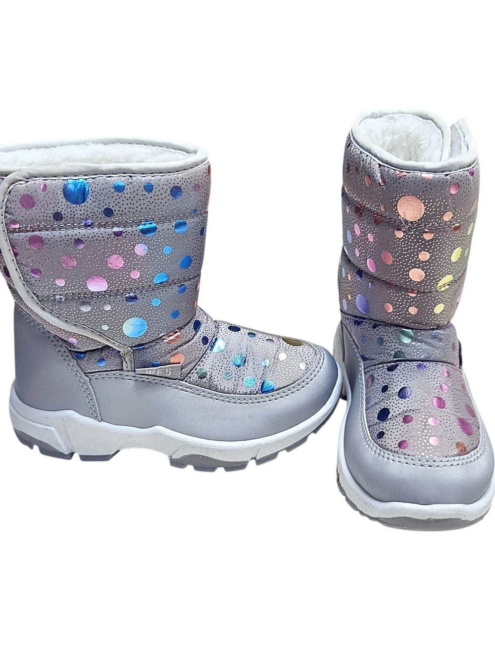 Girls Silver Metallic Rainbow Polka Dot Winter Snow Boots 12 NWOT
